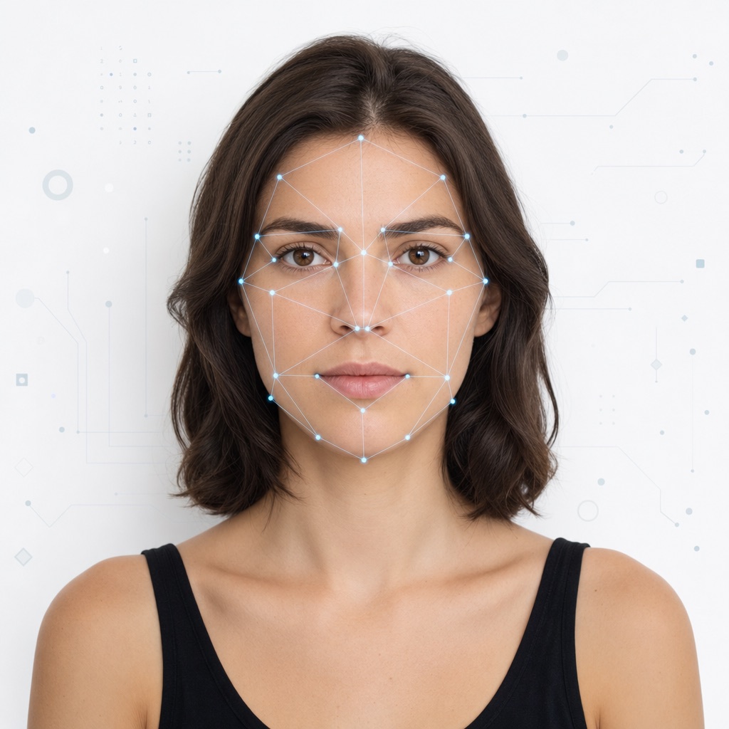 Face search analysis — biometric landmarks on a face photo